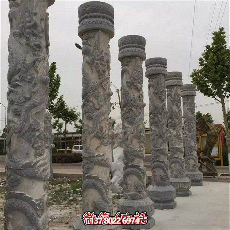 天然大理石浮雕龍盤柱，裝飾園林廣場的精美擺件